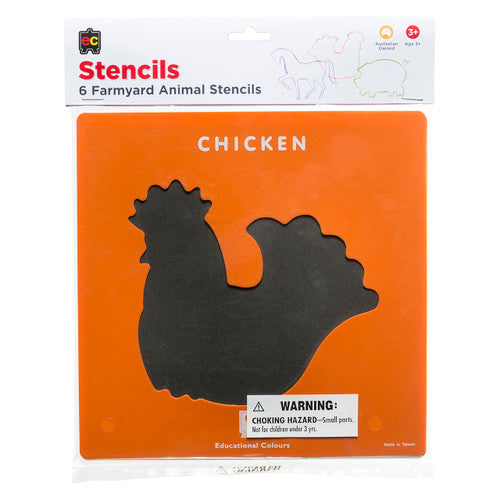 Educational Colours Farmyard Animals Stencils Set of 6. Farmyard animal stencils in use on paper with coloured markers showing traced animal outlines.