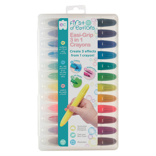 Set of 12 assorted Educational Colours Easi-Grip 3 in 1 Crayons in plastic carry case