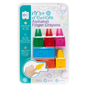 Set of 6 Easi-Grip Alphabet Finger Crayons in assorted colours showing letter and number details on each crayon