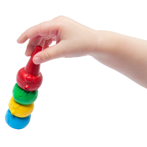Close-up of animal-shaped finger puppet crayons showing ergonomic grip design