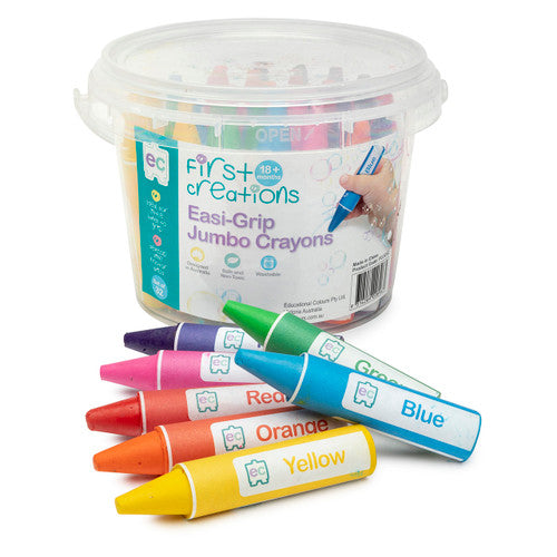 Educational Colours First Creations Easi-Grip Jumbo Crayons set of 32 assorted colours in storage bucket