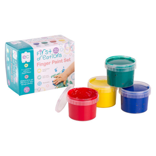 Educational Colours First Creations Finger Paint 100ml tubs in red, yellow, blue and green arranged together