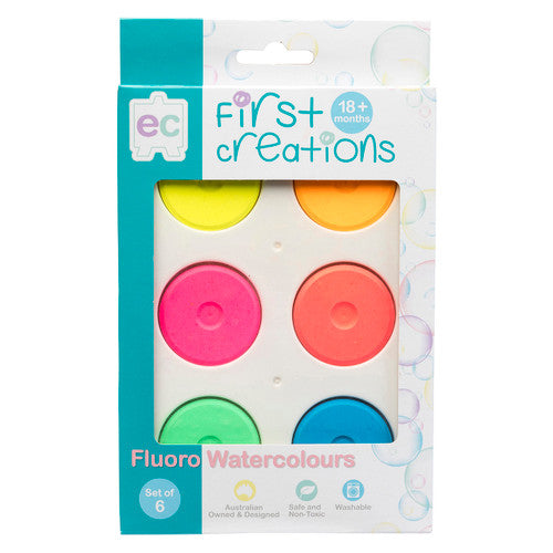 Educational Colours First Creations Fluoro Watercolours palette showing 6 fluorescent colour blocks with plastic lid
