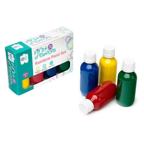 Educational Colours First Creations Rainbow Paint 100ml bottles in red, yellow, blue and green arranged together