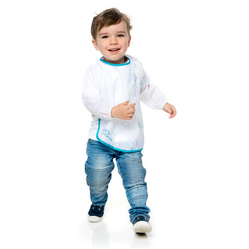 Long sleeve toddler art smock with open-back design suitable for ages 1-3