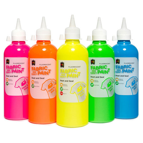 Close-up of Educational Colours 500ml fluorescent green craft paint bottle label showing brand and colour details