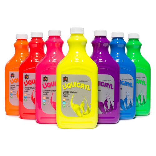 Educational Colours Fluorescent Liquicryl Junior Student Acrylic Paint 2L Scarlet. Close-up of the 2L Fluorescent Scarlet Liquicryl acrylic paint PET bottle by Educational Colours.
