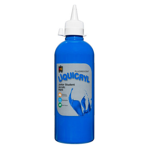 Educational Colours Fluorescent Liquicryl Junior Student Acrylic Paint 500ml in Fluorescent Blue, shown in environmentally friendly PET bottle
