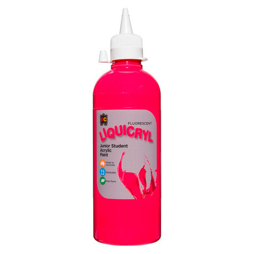 Educational Colours Fluorescent Liquicryl Junior Student Acrylic Paint 500ml Pink. Educational Colours Fluorescent Liquicryl Junior Acrylic Paint 500ml bottle in Fluorescent Pink.