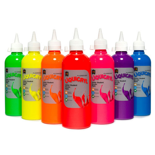 Educational Colours Fluorescent Liquicryl Junior Student Acrylic Paint 500ml Pink. Close-up of 500ml PET bottle of Educational Colours Fluorescent Pink student acrylic paint.