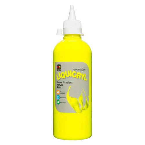 Educational Colours Fluorescent Liquicryl Junior Student Acrylic Paint 500ml Yellow. Educational Colours Fluorescent Liquicryl 500ml acrylic paint bottle in fluorescent yellow.