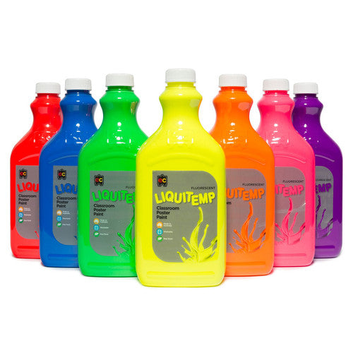 Educational Colours Fluorescent Liquitemp Classroom Poster Paint 2L Blue. Close-up of blue fluorescent Liquitemp classroom poster paint in a 2-litre PET bottle.