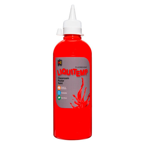 Educational Colours Fluorescent Liquitemp Classroom Poster Paint 500ml Red. Educational Colours Fluorescent Liquitemp Poster Paint 500ml bottle in red.
