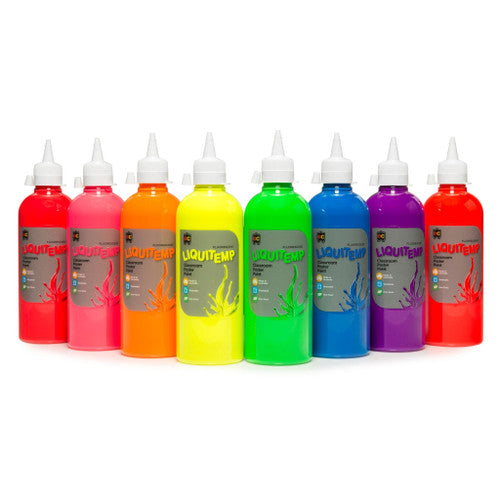 Educational Colours Fluorescent Liquitemp Classroom Poster Paint 500ml Red. Close-up of Educational Colours Liquitemp red fluorescent poster paint label and PET bottle.
