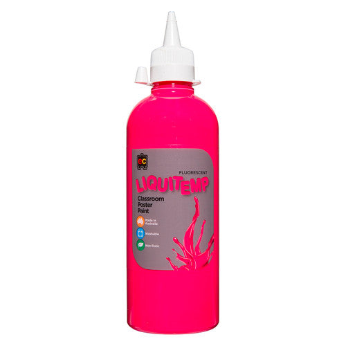 Educational Colours Fluorescent Liquitemp Poster Paint 500ml Pink. Educational Colours Fluorescent Liquitemp Poster Paint 500ml in Pink, front view of PET bottle.