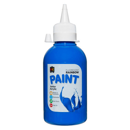Educational Colours Fluorescent Rainbow Junior Acrylic Paint 250ml Blue. Educational Colours Fluorescent Rainbow Junior Acrylic Paint 250ml in Blue, front view of bottle.