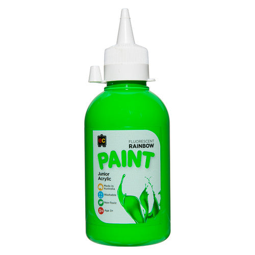 Educational Colours Fluorescent Rainbow Junior Acrylic Paint 250ml Green. Educational Colours Fluorescent Rainbow Junior Acrylic Paint 250ml in Green, front view of bottle.