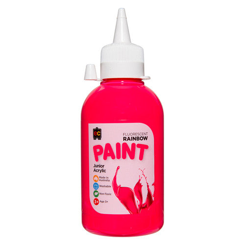Educational Colours Fluorescent Rainbow Junior Acrylic Paint 250ml Pink. Educational Colours Fluorescent Rainbow Junior Acrylic Paint 250ml in Pink, front view of bottle.