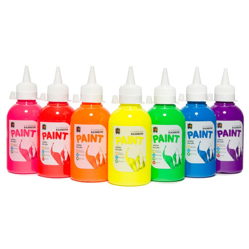 Educational Colours Fluorescent Rainbow Junior Acrylic Paint 250ml Purple. Close-up of 250ml purple fluorescent acrylic paint by Educational Colours, made in Australia.
