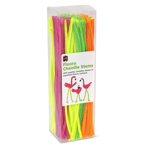 Educational Colours Fluoro Chenille Stems pack of 200, assorted fluoro colours, 300mm x 6mm each