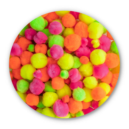 Educational Colours Fluoro Pom Poms Pack of 300. Close-up of assorted fluoro neon pom poms from the Educational Colours 300-piece pack.