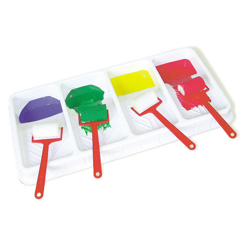 Educational Colours Four Bay Roller Tray in white heavy-duty plastic with four separate bays for sponge rollers, measuring 525mm x 235mm