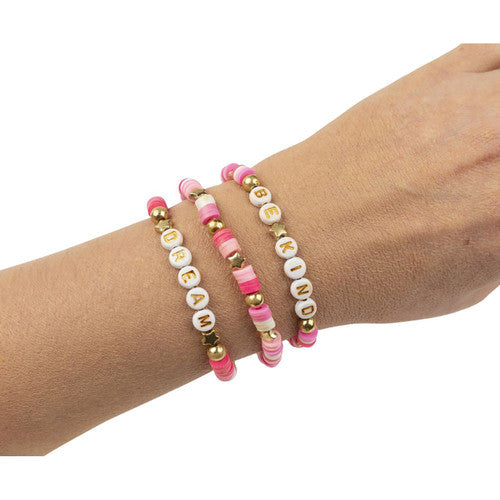 Educational Colours Friendship Bracelet Set Pink. Pink and gold polymer clay beads from the Educational Colours bracelet kit.