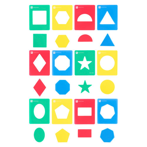 Educational Colours Geometric Stencils Set of 12 laid out showing all shapes including square and heptagon