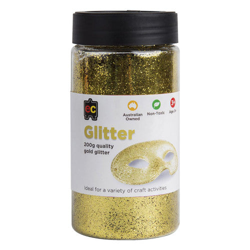 Educational Colours Glitter 200g Jar Gold. Educational Colours Gold Glitter 200g plastic jar with shake or pour lid.