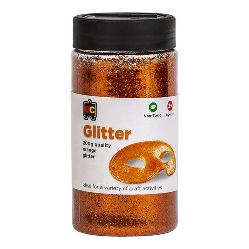 Educational Colours Glitter 200g Jar Orange. Educational Colours 200g orange glitter in a plastic jar with shake-or-pour lid.