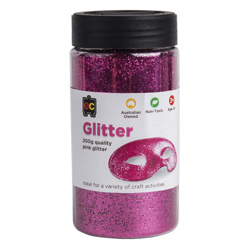 Educational Colours Glitter 200g Jar Pink. Educational Colours 200g pink glitter in a plastic jar with shake-or-pour lid.