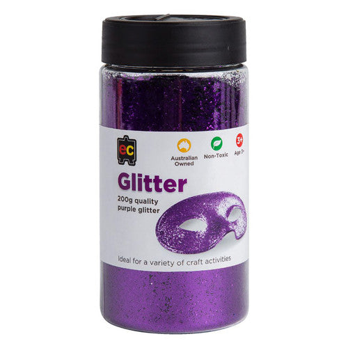 Educational Colours Glitter 200g Jar Purple. Educational Colours 200g purple glitter in a plastic shake-or-pour jar.