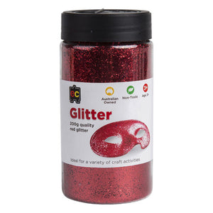 Educational Colours Glitter 200g Jar Red. Educational Colours 200g red glitter in a plastic jar with shake-or-pour lid.