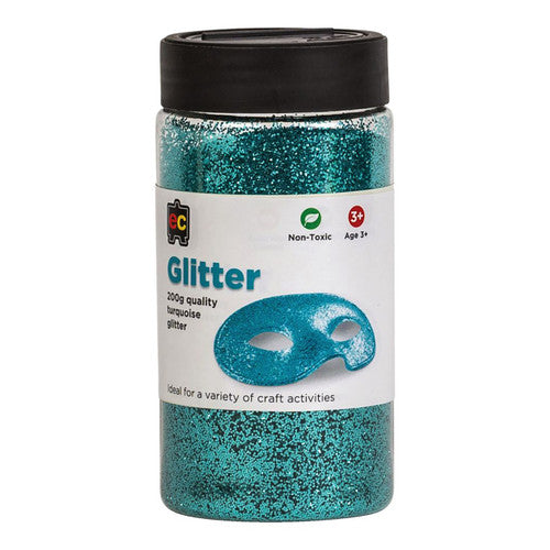 Educational Colours Glitter 200g Jar Turquoise. Educational Colours 200g turquoise glitter in a plastic jar with shake or pour lid.