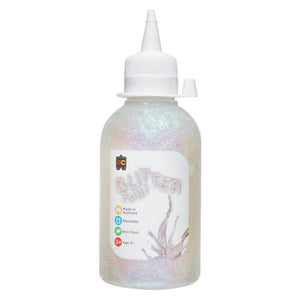 Educational Colours Glitter Paint 250ml bottle in Fairy Krystal shade, showing eco-friendly PET packaging