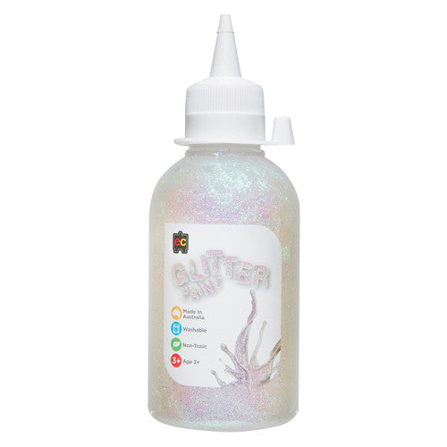 Educational Colours Glitter Paint 250ml bottle in Fairy Krystal shade, showing eco-friendly PET packaging