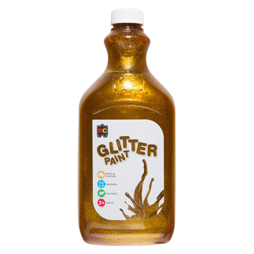 Educational Colours Glitter Paint 2L Gold. Educational Colours Gold Glitter Paint 2 litre PET bottle, Australian made.