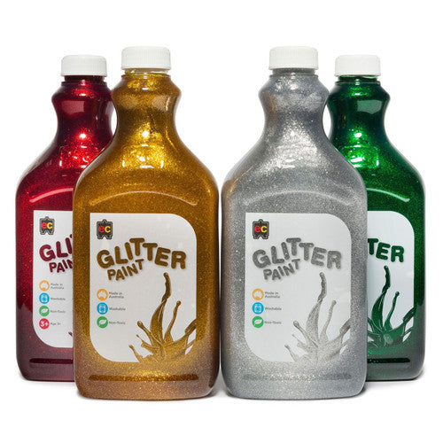 Educational Colours Glitter Paint 2L Green. Close-up of green glitter paint showing colour-matched shimmer and vibrant finish.