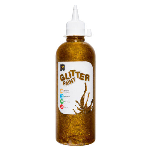 Educational Colours Glitter Paint 500ml Gold. Educational Colours Glitter Paint 500ml in gold, shown in an eco-conscious PET bottle.
