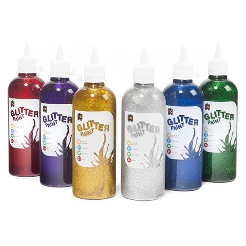 Educational Colours Glitter Paint 500ml Set showing all six colour bottles