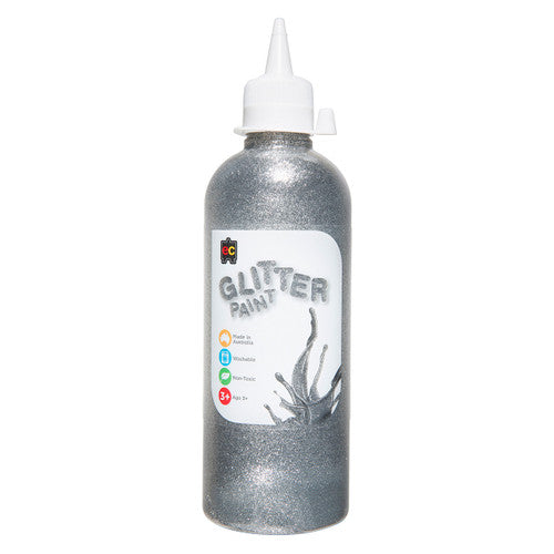 Educational Colours Glitter Paint 500ml silver PET bottle, Australian-made craft paint with colour-matched glitter