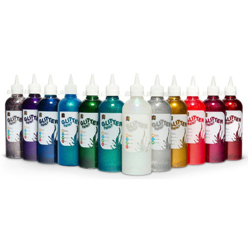 Educational Colours Glitter Paint 500ml Silver. Close-up of silver glitter paint finish showing metallic shimmer on a craft surface.