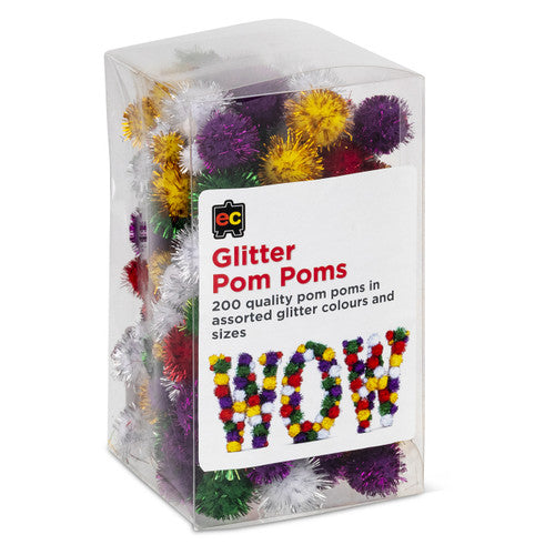 Educational Colours Glitter Pom Poms Pack of 200. Educational Colours Glitter Pom Poms in assorted colours and sizes, pack of 200.