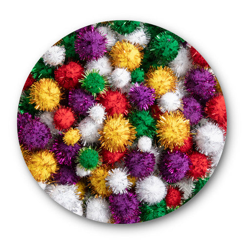 Educational Colours Glitter Pom Poms Pack of 200. Close-up of assorted glitter pom poms from Educational Colours 200-piece pack.