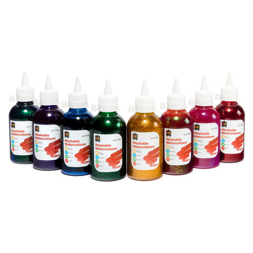 Close-up of purple glitter watercolour paint in a 250ml eco-friendly PET bottle by Educational Colours