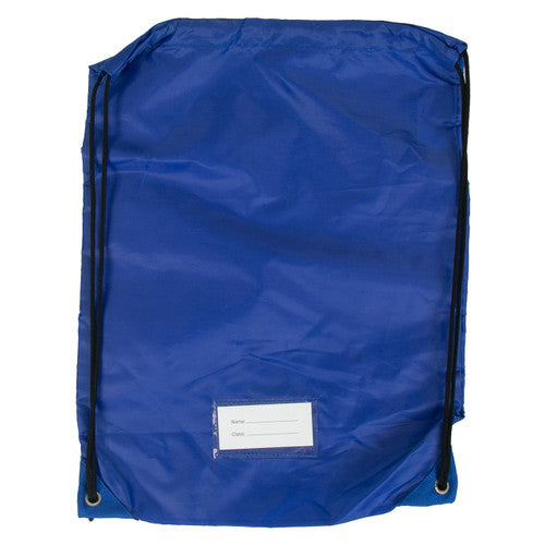 Educational Colours Gym Bag 330 x 440mm Blue. Close-up of name compartment on Educational Colours blue drawstring gym bag.