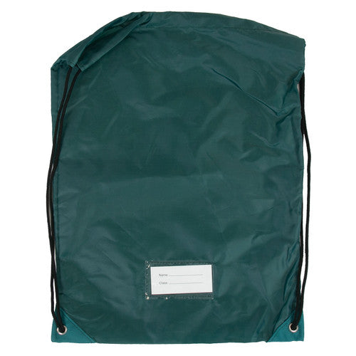 Educational Colours Gym Bag 330 x 440mm Green. Close-up of the name compartment on the Educational Colours green gym bag.