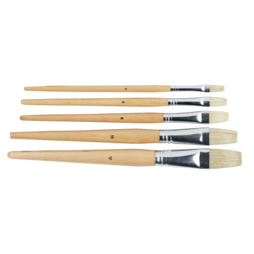 Educational Colours Hog Hair Brushes Flat School Assorted Pack of 60. Close-up of Educational Colours flat hog hair brush showing lacquered wooden handle and bristles.