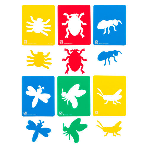 Educational Colours Insects Stencils Set of 6 - thick plastic stencils with positive and negative insect designs, 130x160mm