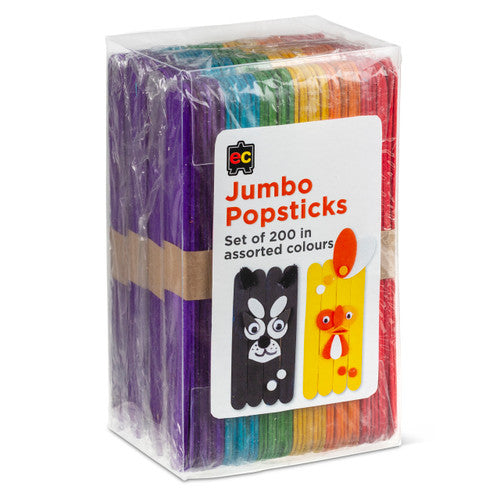 Educational Colours jumbo assorted coloured wooden popsticks, set of 200, each measuring 18mm x 149mm